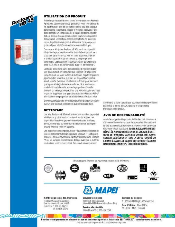 Resfoam HB 45 - utilisation du produit